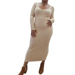 Malibu Sky Maxi Dress Large Ribbed Knit Bodycon Minimalist Neutral Deep V Neck